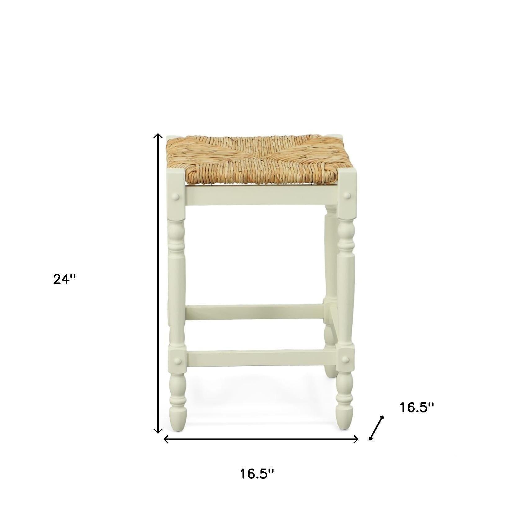 24" Natural And Antiqued White Rush And Solid Wood Backless Counter Height Bar Chair