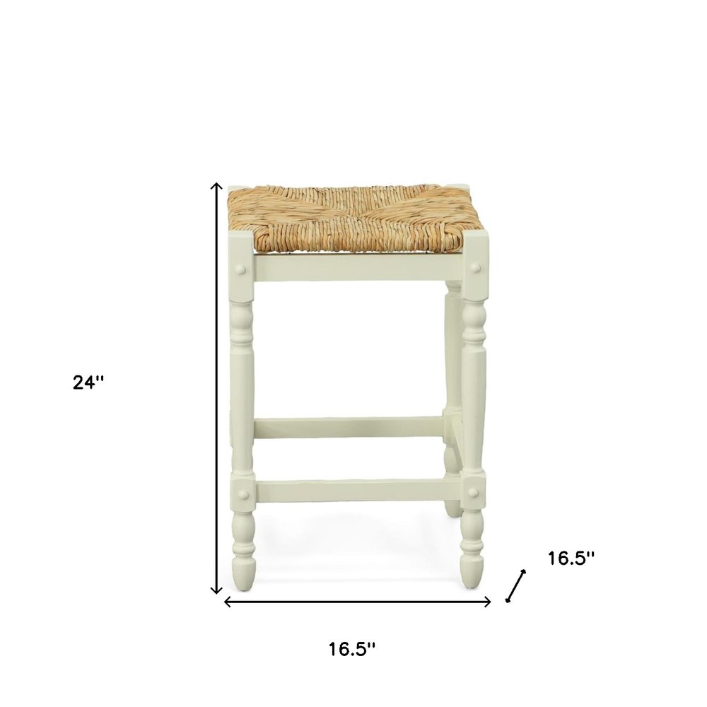 24" Natural And Antiqued White Rush And Solid Wood Backless Counter Height Bar Chair