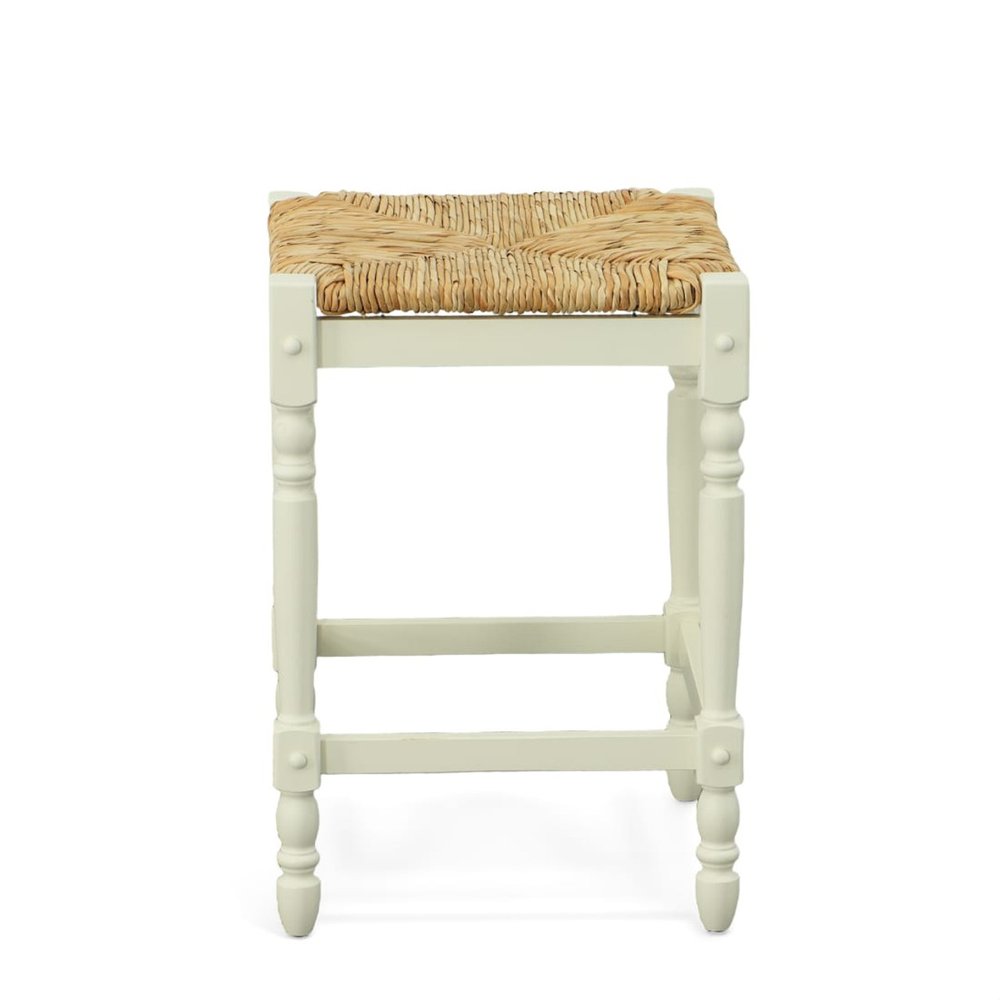 24" Natural And Antiqued White Rush And Solid Wood Backless Counter Height Bar Chair