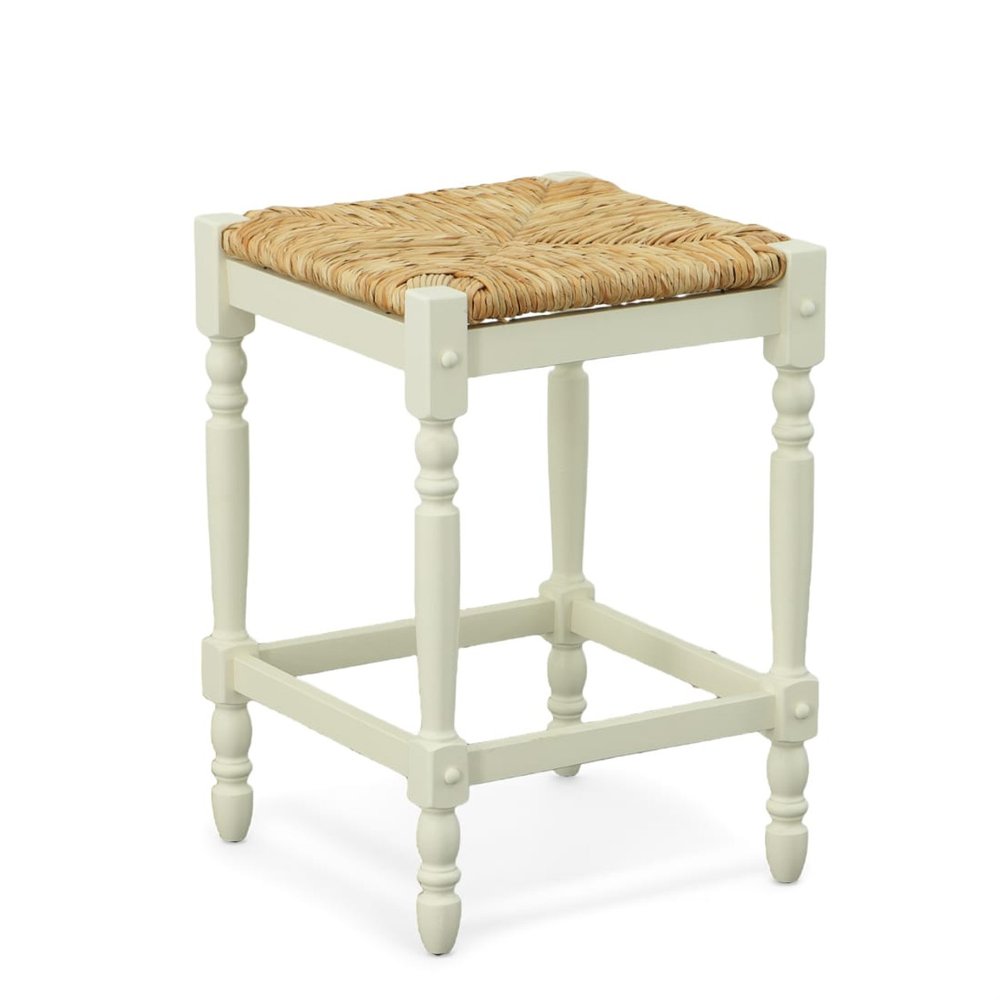 24" Natural And Antiqued White Rush And Solid Wood Backless Counter Height Bar Chair