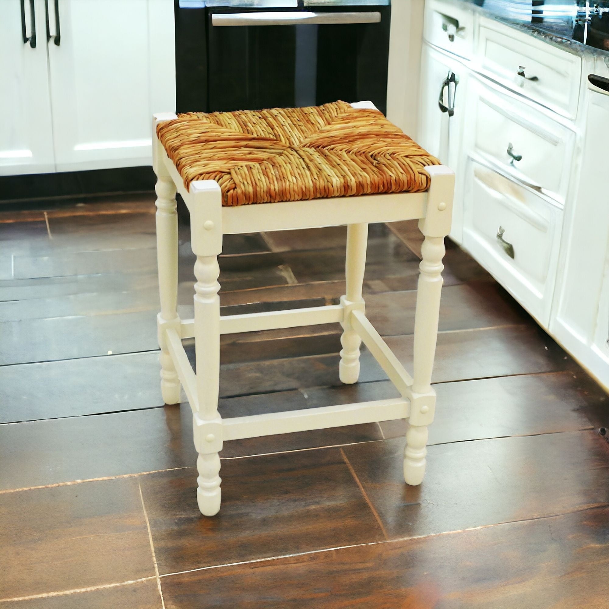 24" Natural And Antiqued White Solid Wood Backless Counter Height Bar Chair