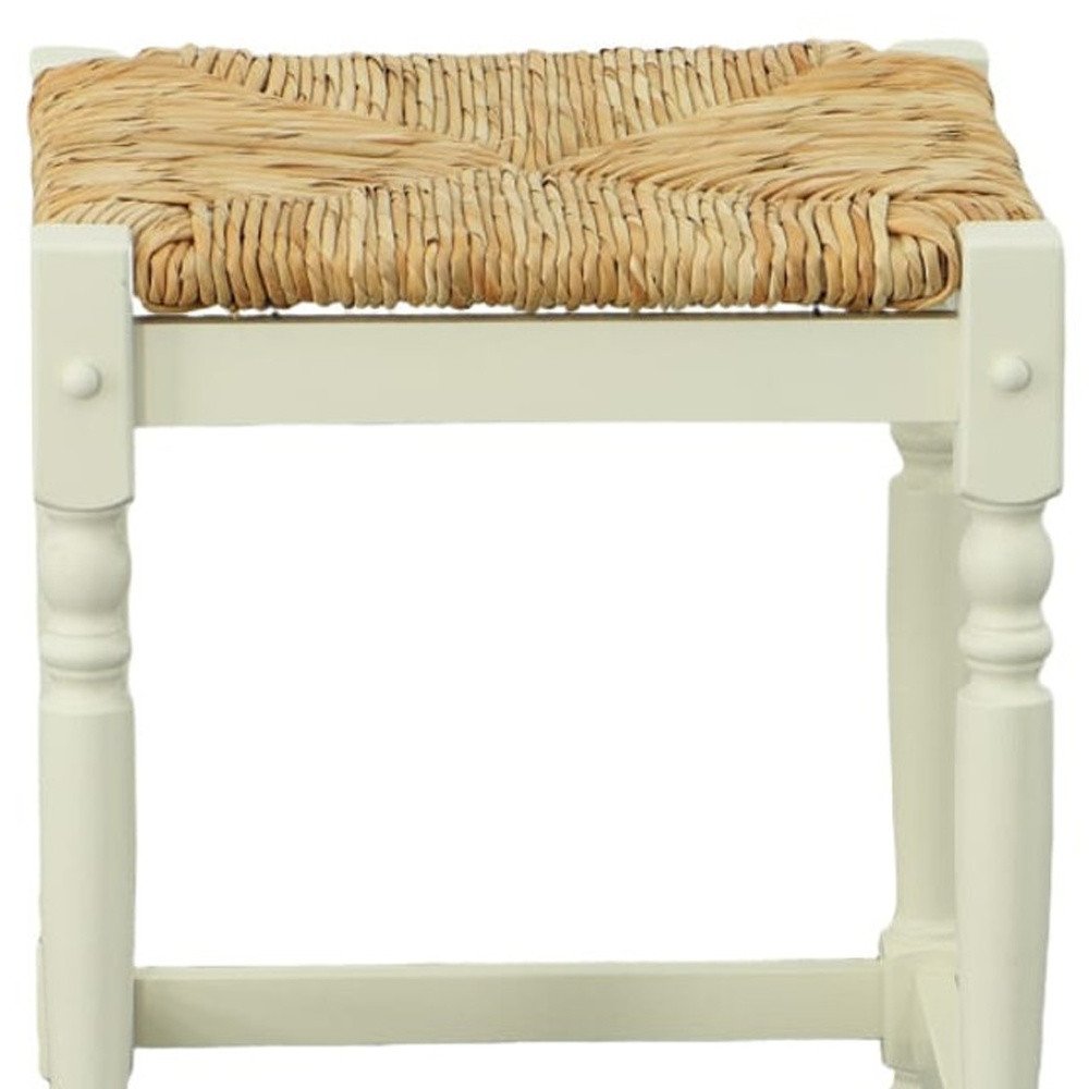 24" Natural And Antiqued White Rush And Solid Wood Backless Counter Height Bar Chair