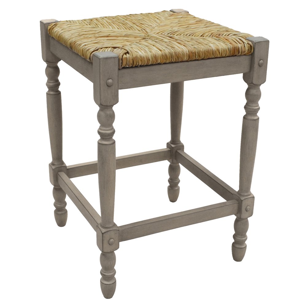 24" Natural And Gray Rush And Solid Wood Backless Counter Height Bar Chair