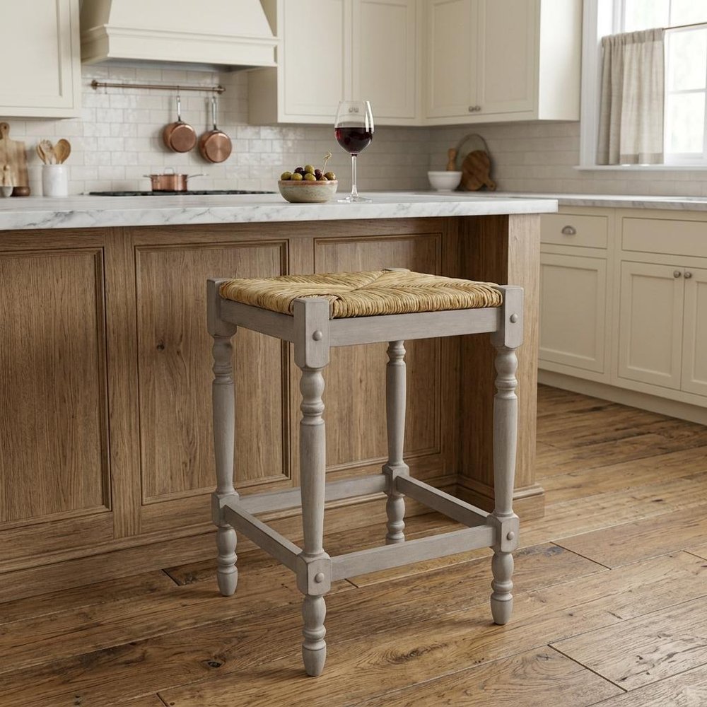 24" Natural And Gray Rush And Solid Wood Backless Counter Height Bar Chair
