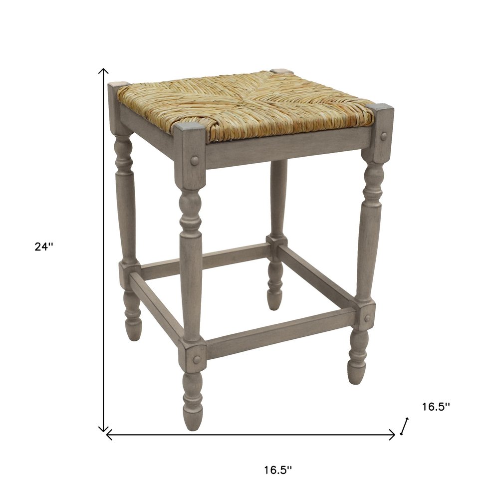 24" Natural And Gray Rush And Solid Wood Backless Counter Height Bar Chair