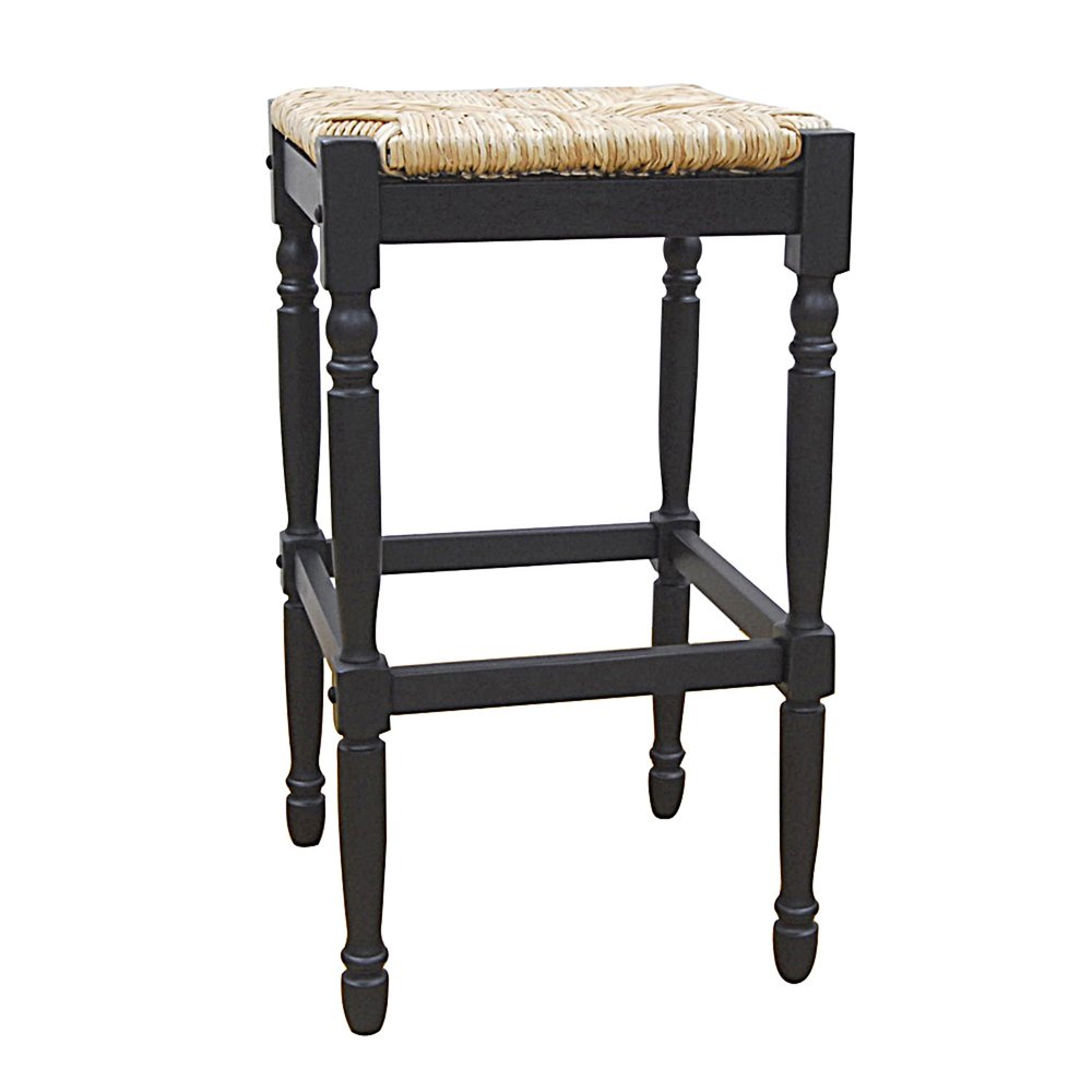 29" Natural And Black Rush And Solid Wood Backless Bar Height Bar Chair