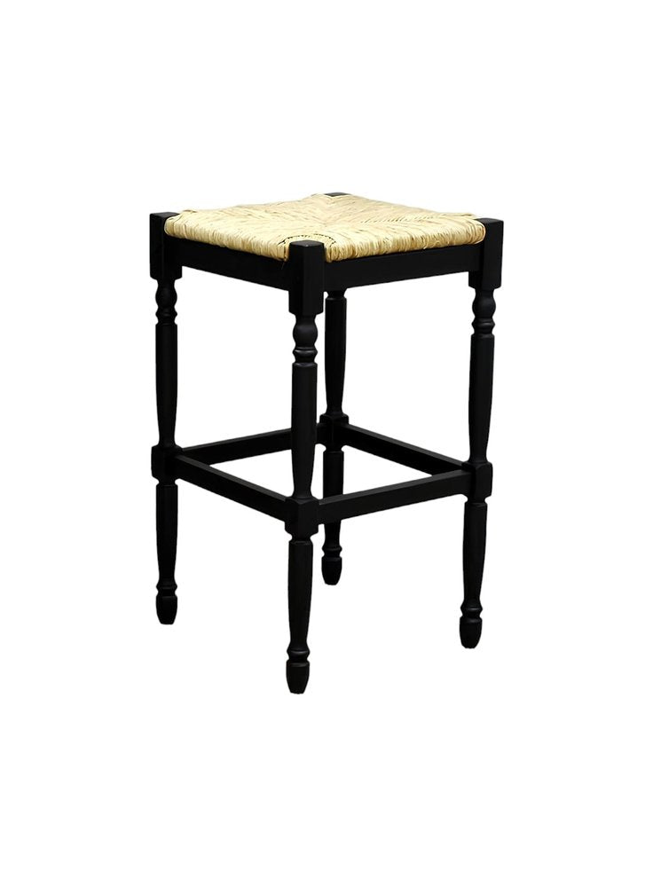 29" Natural And Black Rush And Solid Wood Backless Bar Height Bar Chair
