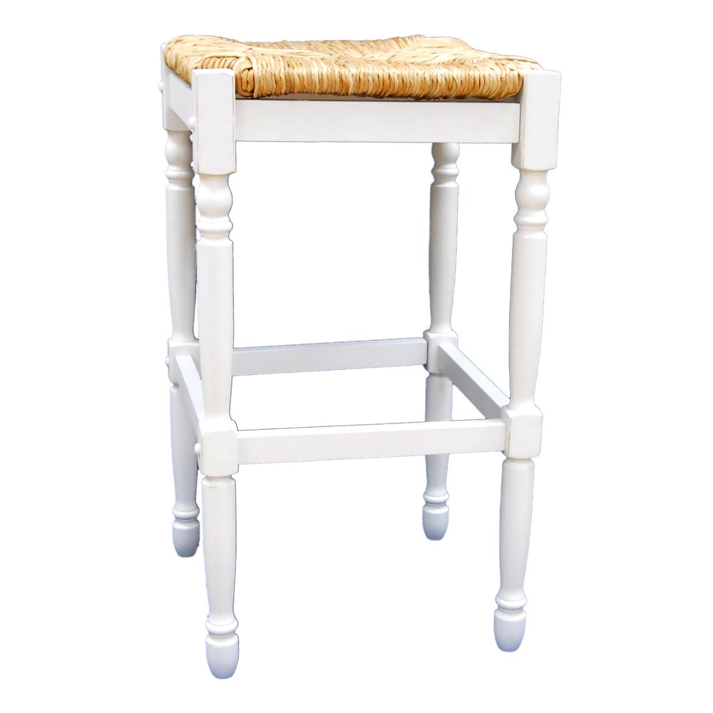 29" Natural And Antiqued White Rush And Solid Wood Backless Bar Height Bar Chair