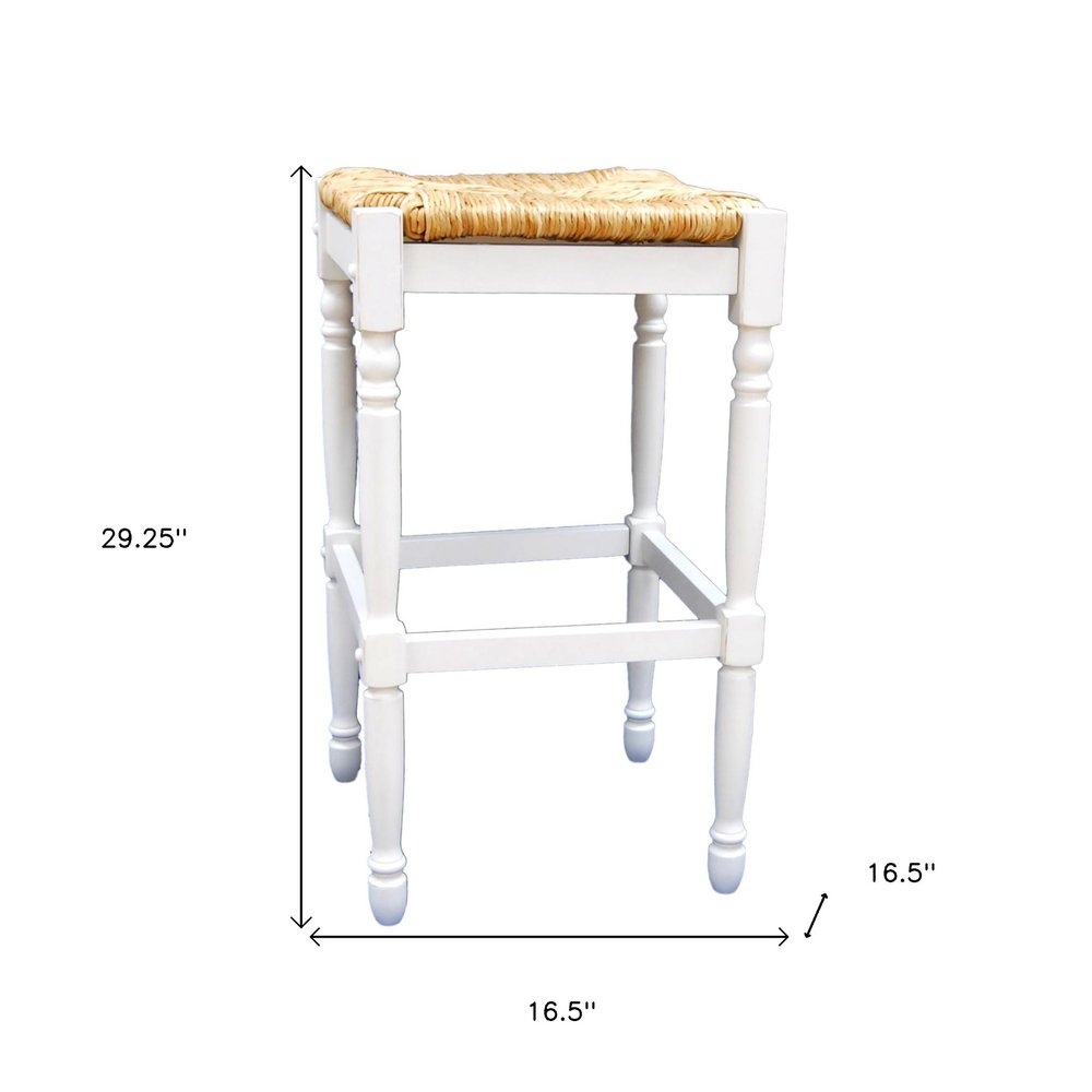 29" Natural And Antiqued White Rush And Solid Wood Backless Bar Height Bar Chair