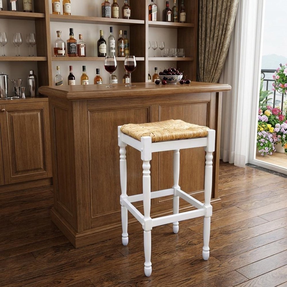 29" Natural And Antiqued White Rush And Solid Wood Backless Bar Height Bar Chair