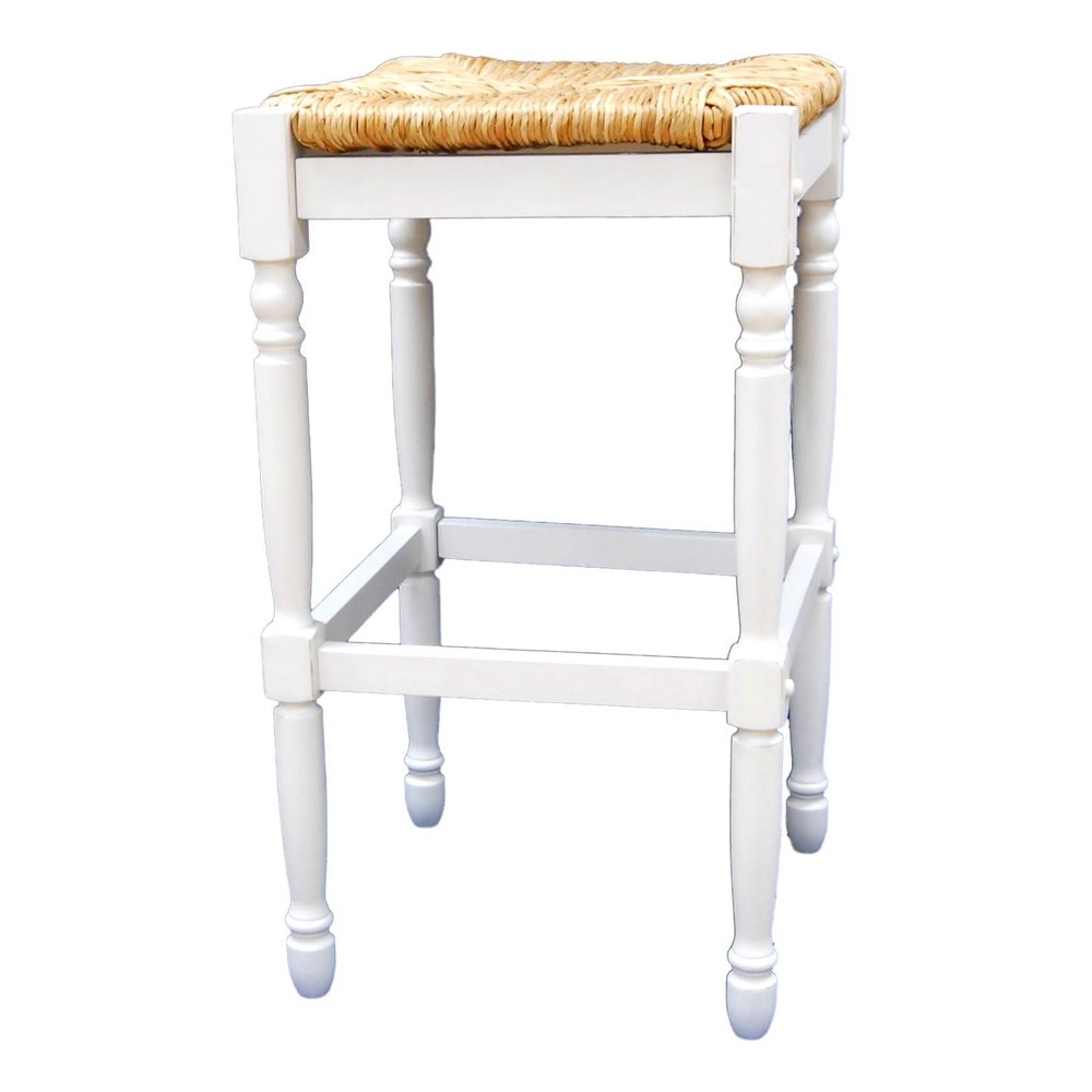 29" Natural And Antiqued White Rush And Solid Wood Backless Bar Height Bar Chair
