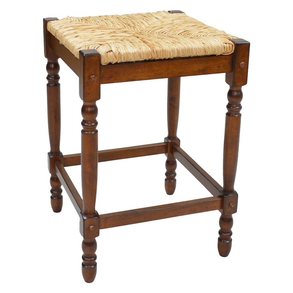 29" Natural And Chestnut Rush And Solid Wood Backless Bar Height Bar Chair