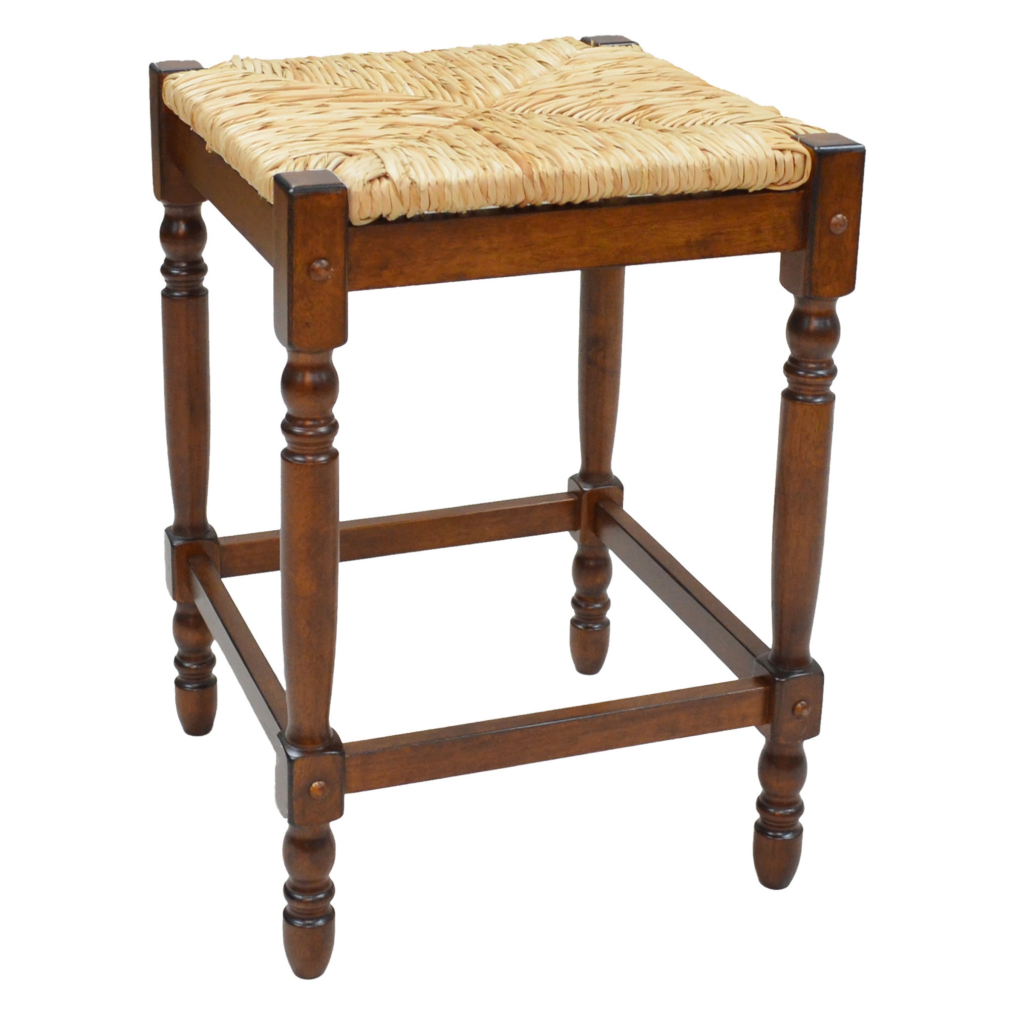 29" Natural And Chestnut Rush And Solid Wood Backless Bar Height Bar Chair
