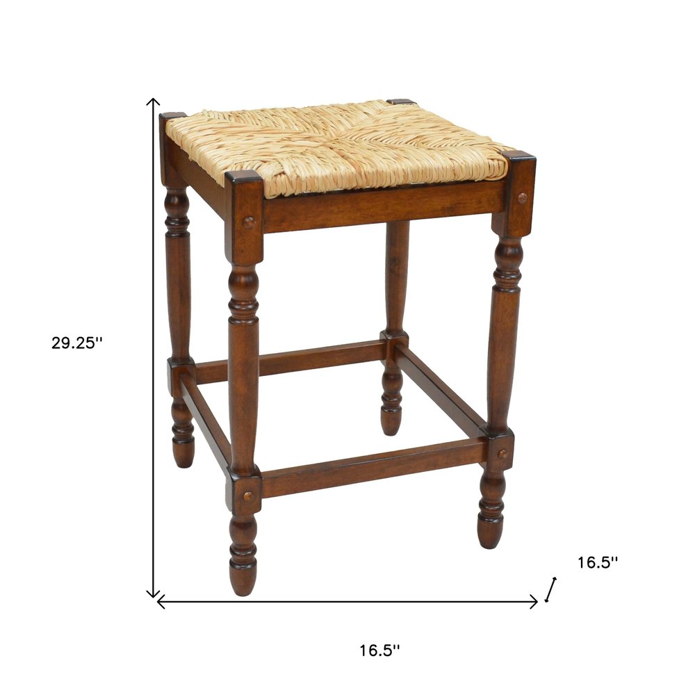 29" Natural And Chestnut Rush And Solid Wood Backless Bar Height Bar Chair