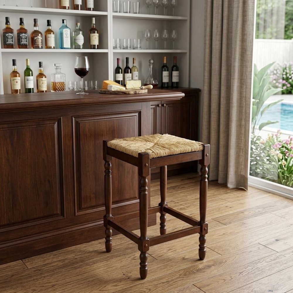 29" Natural And Chestnut Solid Wood Backless Bar Height Bar Chair