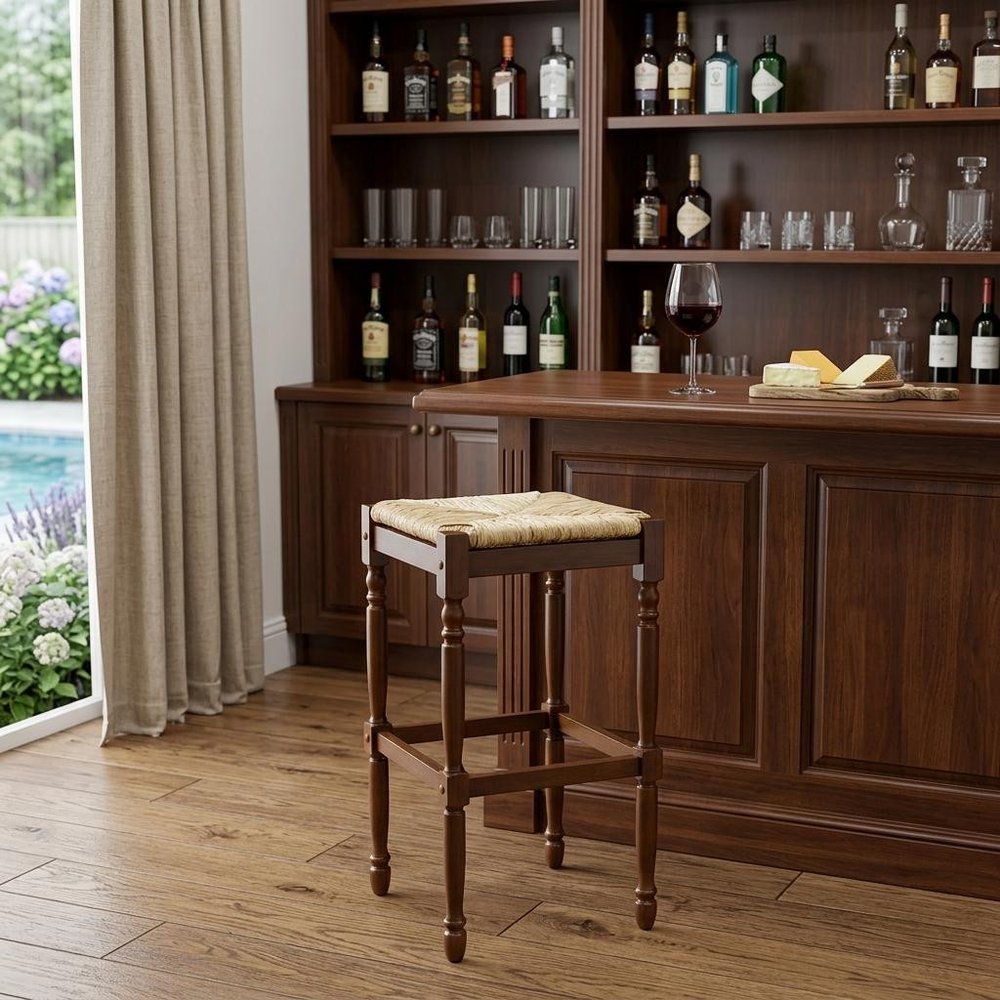 29" Natural And Brown Solid Wood Backless Bar Height Bar Chair