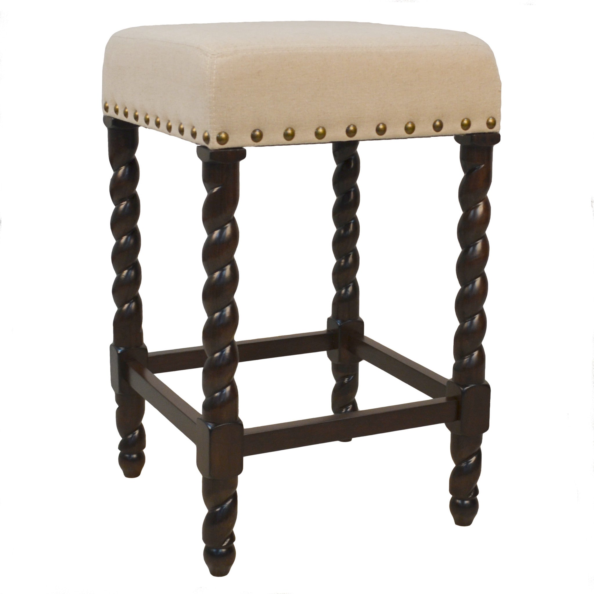 24" Cream And Espresso Fabric And Solid Wood Backless Counter Height Bar Chair