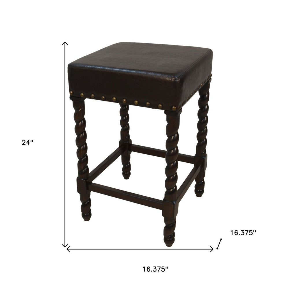 24" Black And Espresso Faux Leather And Fabric And Solid Wood Backless Counter Height Bar Chair