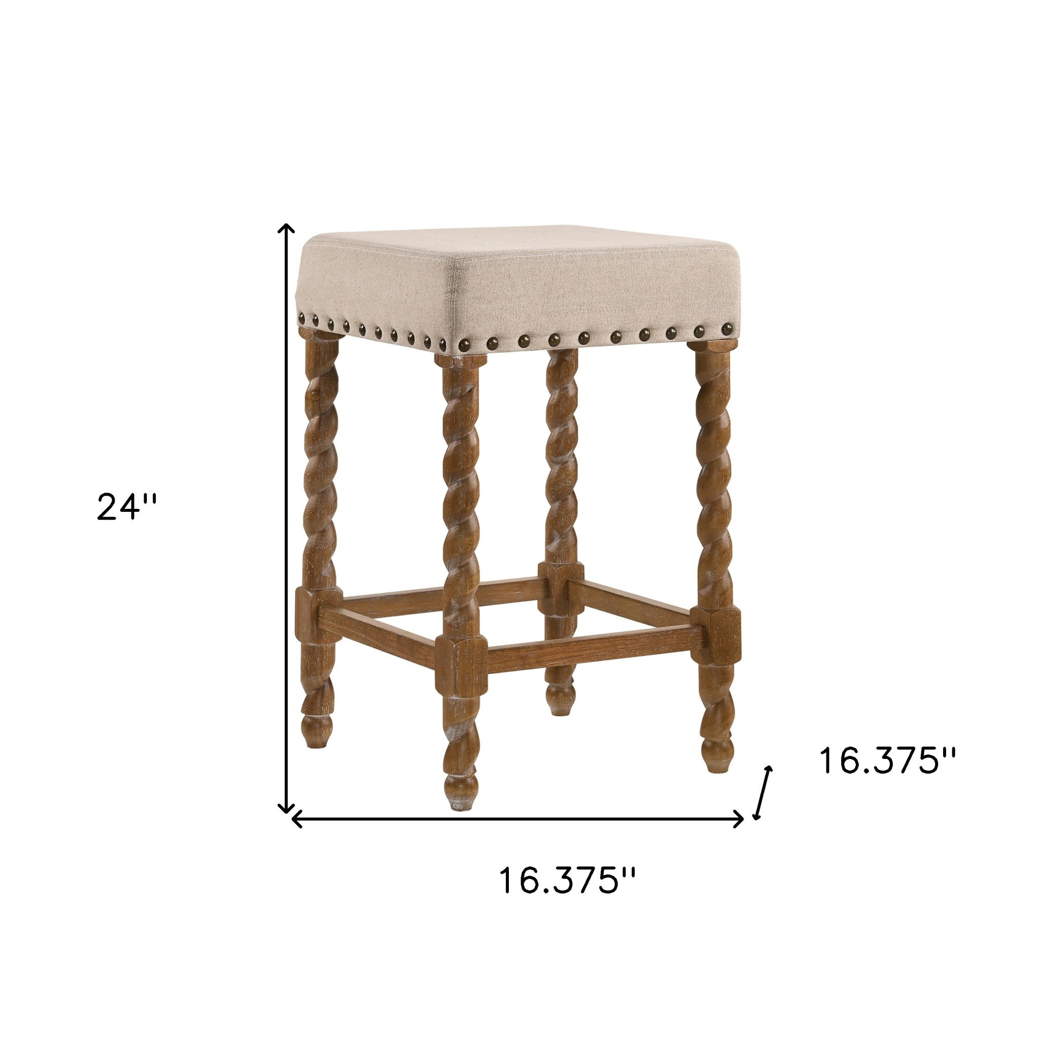 24" Cream And Natural Faux Leather And Fabric And Solid Wood Backless Counter Height Bar Chair
