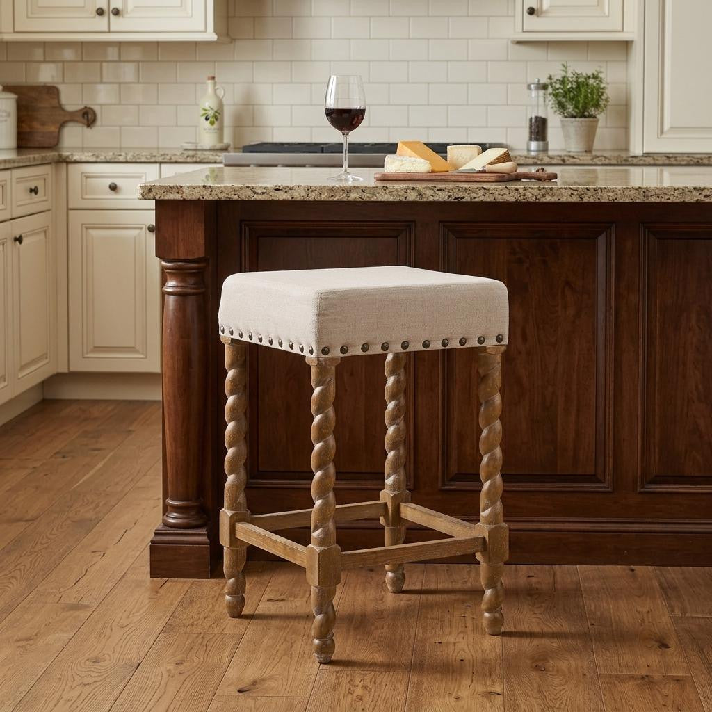 24" Cream And Natural Faux Leather And Fabric And Solid Wood Backless Counter Height Bar Chair