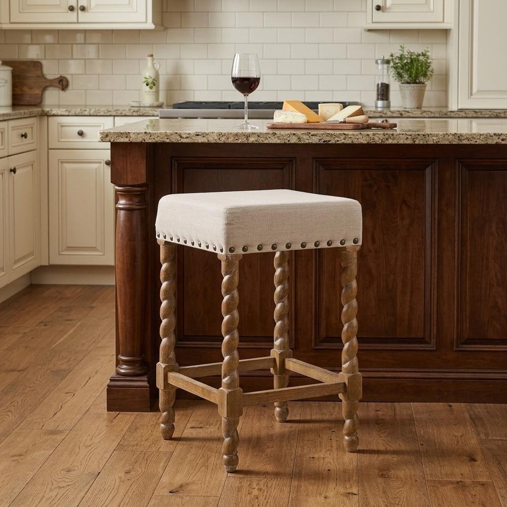 24" Cream And Natural Faux Leather And Solid Wood Backless Counter Height Bar Chair