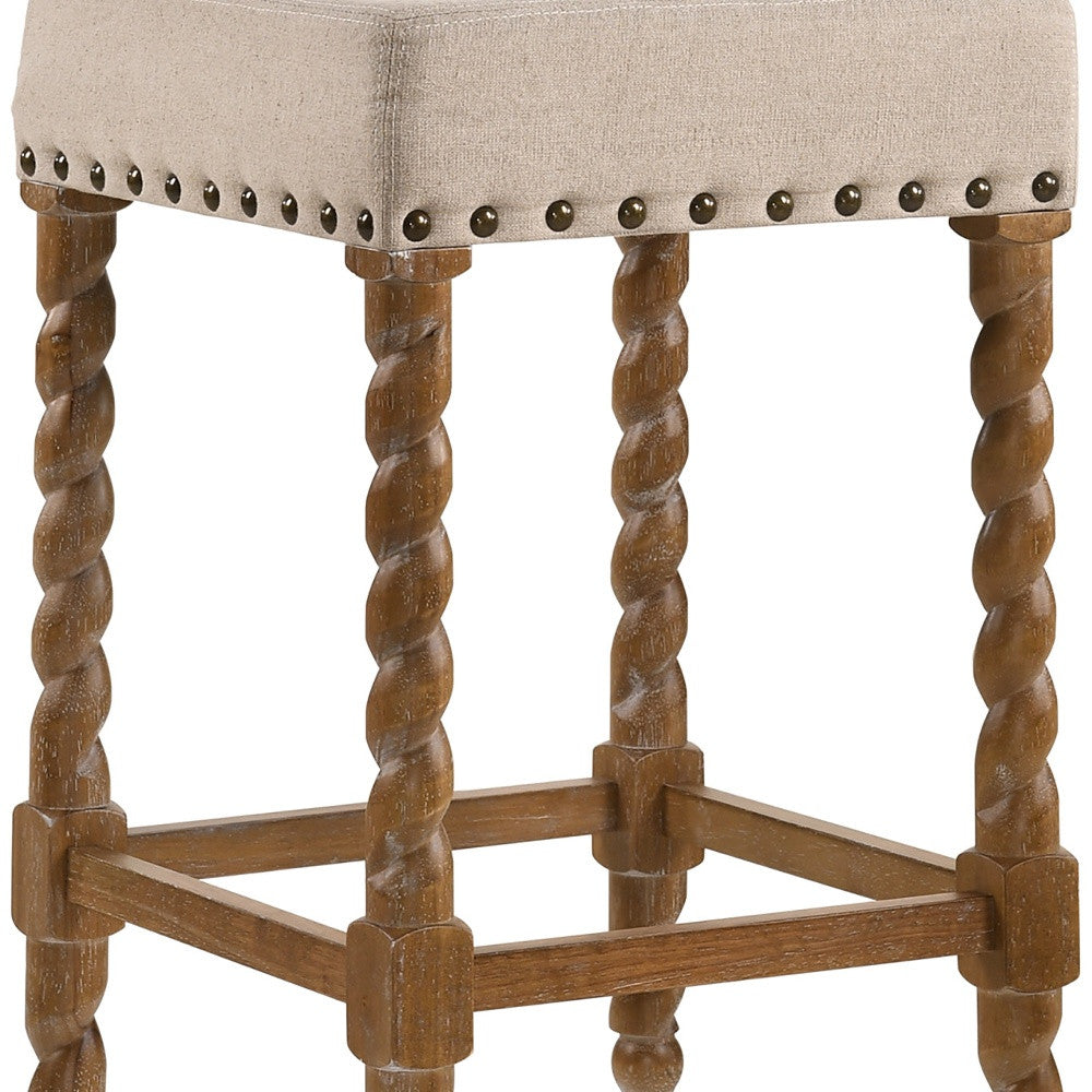 24" Cream And Natural Faux Leather And Fabric And Solid Wood Backless Counter Height Bar Chair