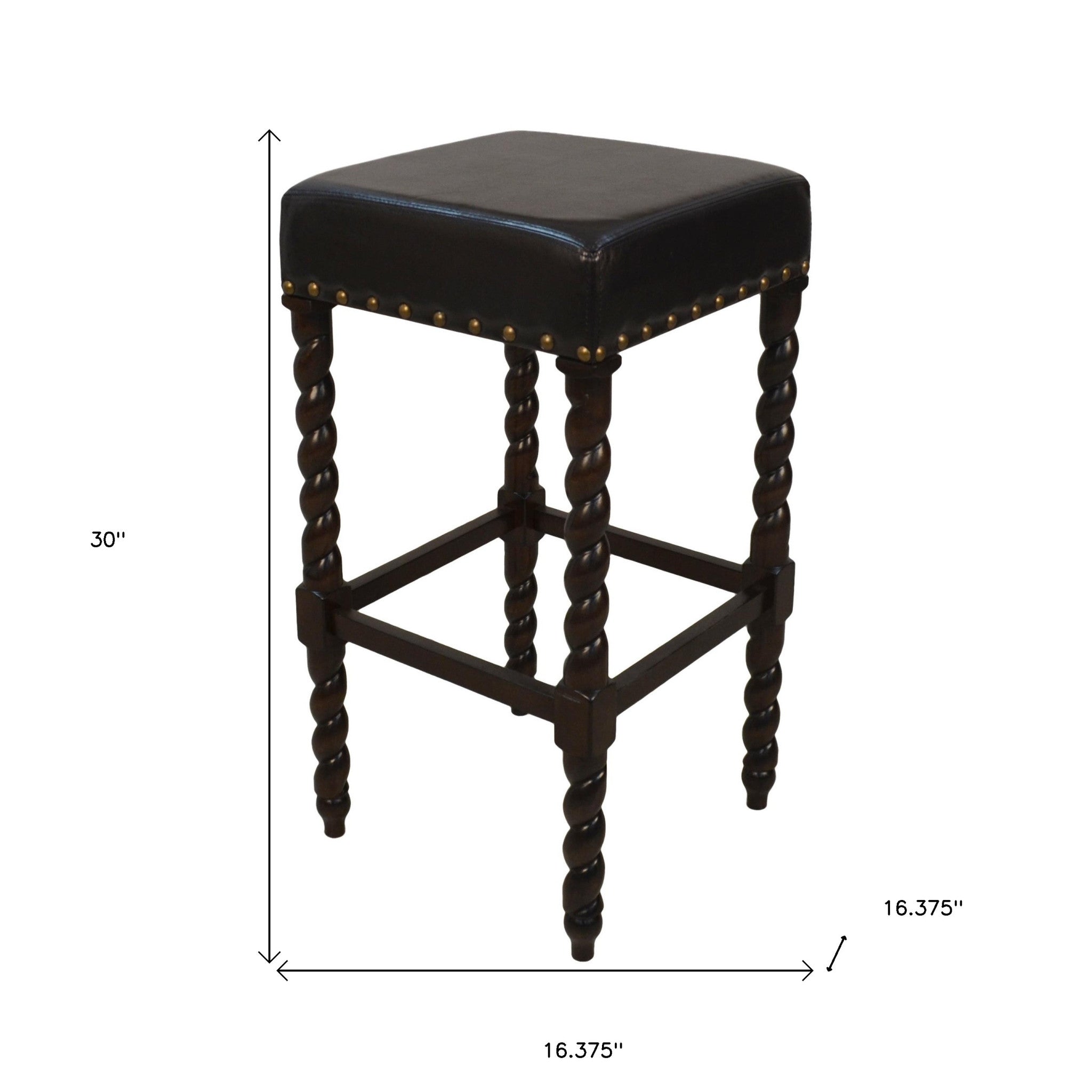30" Black And Espresso Faux Leather And Fabric And Solid Wood Backless Bar Height Bar Chair