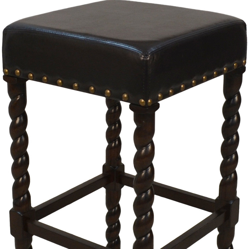 30" Black And Espresso Faux Leather And Fabric And Solid Wood Backless Bar Height Bar Chair