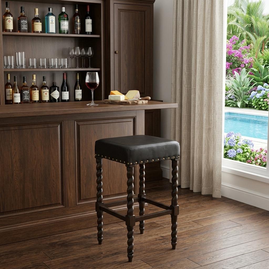 30" Black And Espresso Faux Leather And Fabric And Solid Wood Backless Bar Height Bar Chair