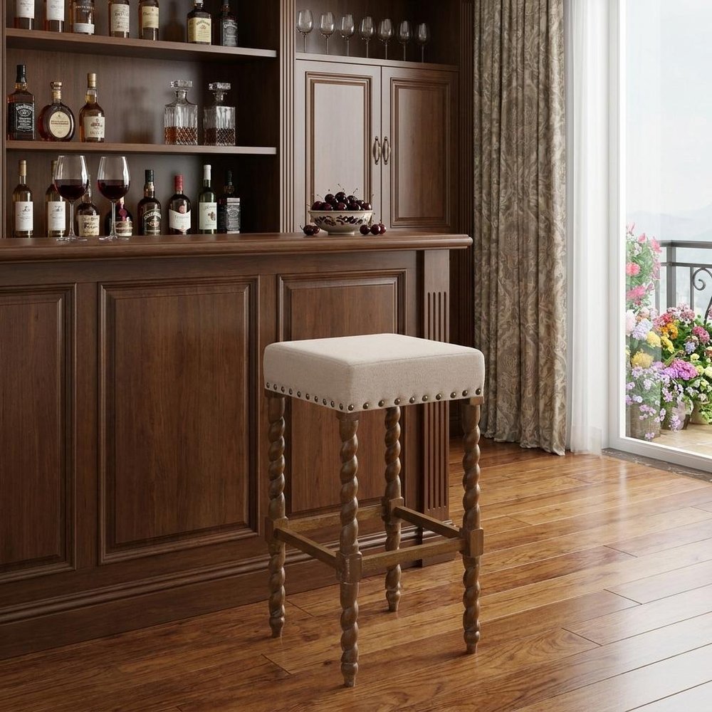 30" Cream And Natural Solid Wood Backless Bar Height Bar Chair