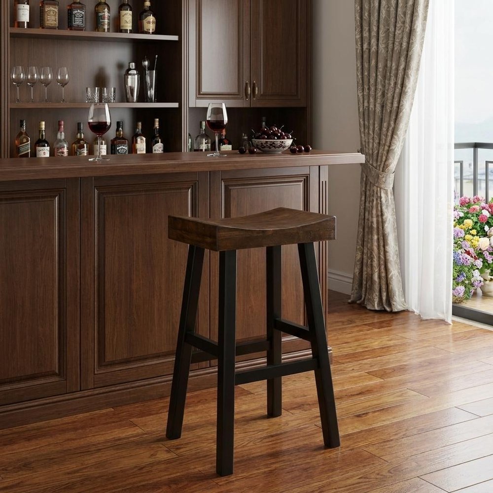 30" Brown and Black Solid Wood Backless Bar Height Bar Chair