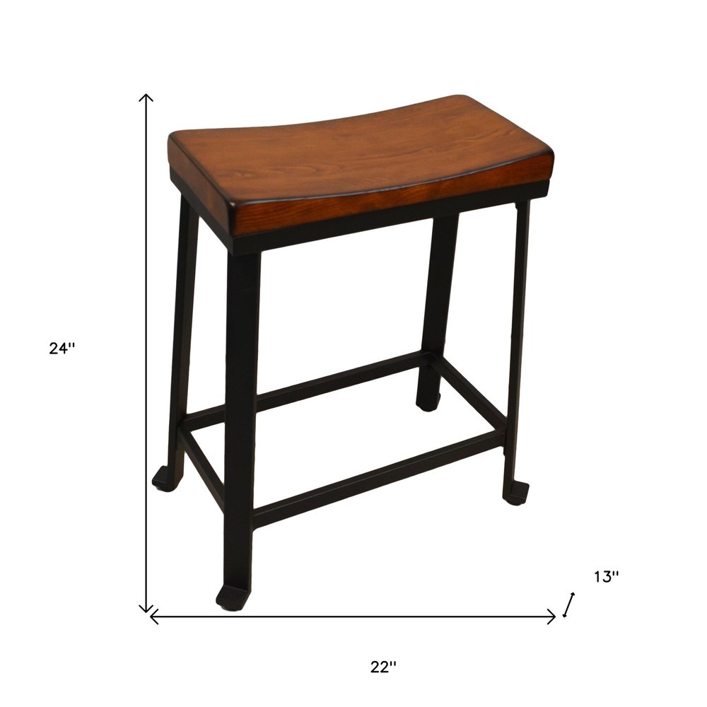24" Chestnut And Black Solid Wood And Steel Backless Counter Height Bar Chair