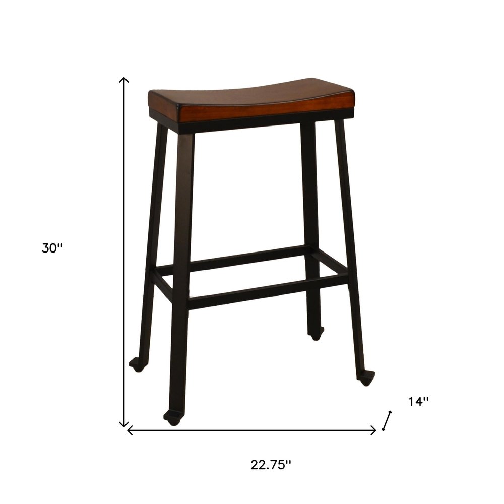 30" Chestnut And Black Solid Wood And Steel Backless Bar Height Bar Chair