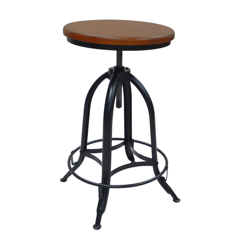 Chestnut And Black Solid Wood And Steel Backless Adjustable Height Swivel Bar Chair