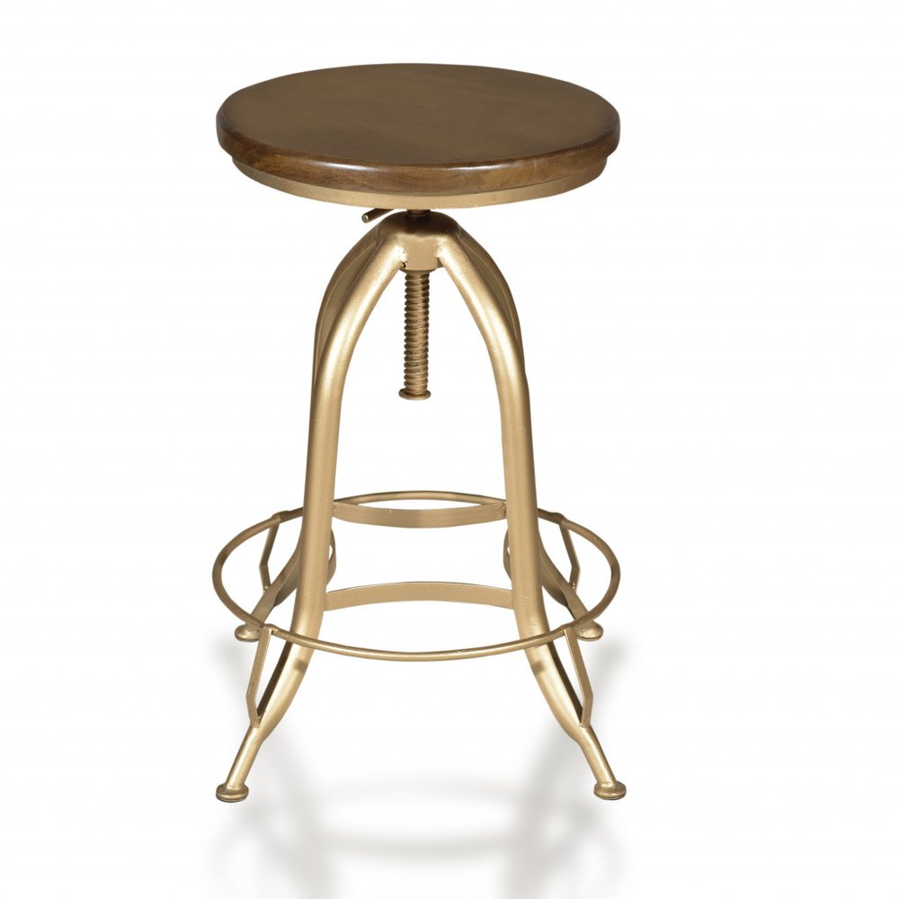 Brown And Gold Solid Wood And Steel Backless Adjustable Height Swivel Bar Chair