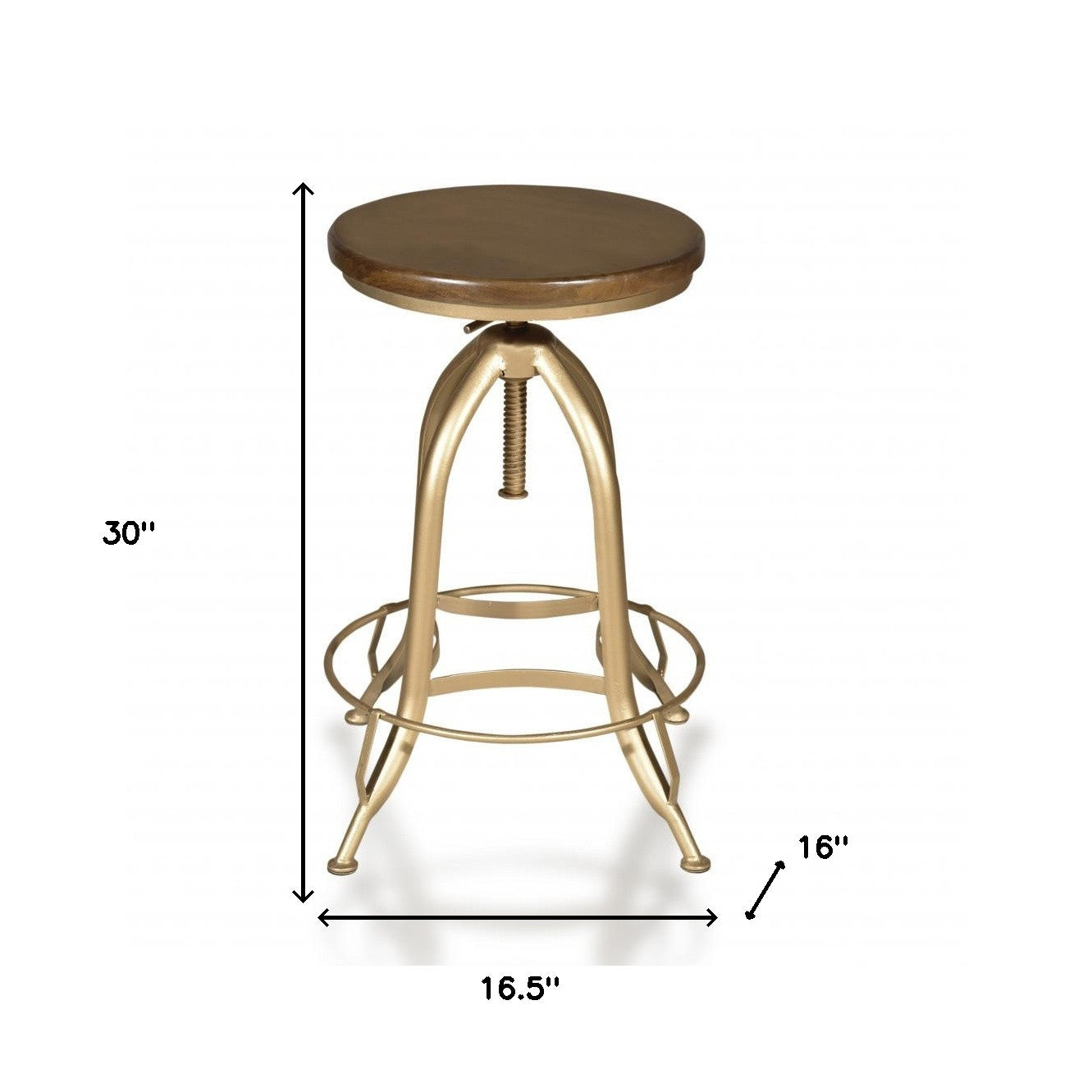 Brown And Gold Solid Wood And Steel Backless Adjustable Height Swivel Bar Chair