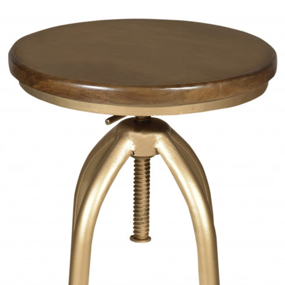 Brown And Gold Solid Wood And Steel Backless Adjustable Height Swivel Bar Chair
