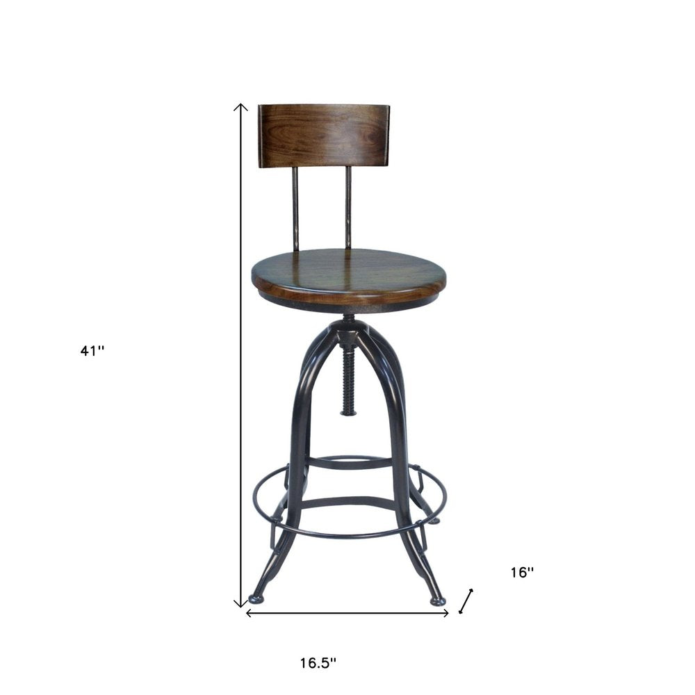 Chestnut And Black Solid Wood And Steel Low Back Adjustable Height Swivel Bar Chair