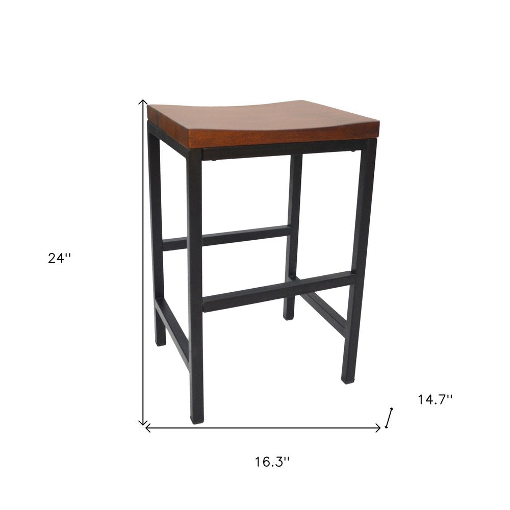 24" Chestnut And Black Solid Wood And Steel Backless Counter Height Bar Chair