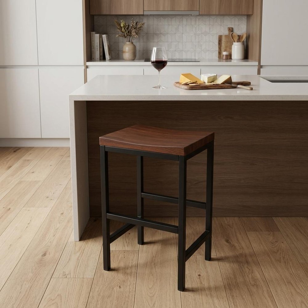 24" Chestnut And Black Steel Backless Counter Height Bar Chair