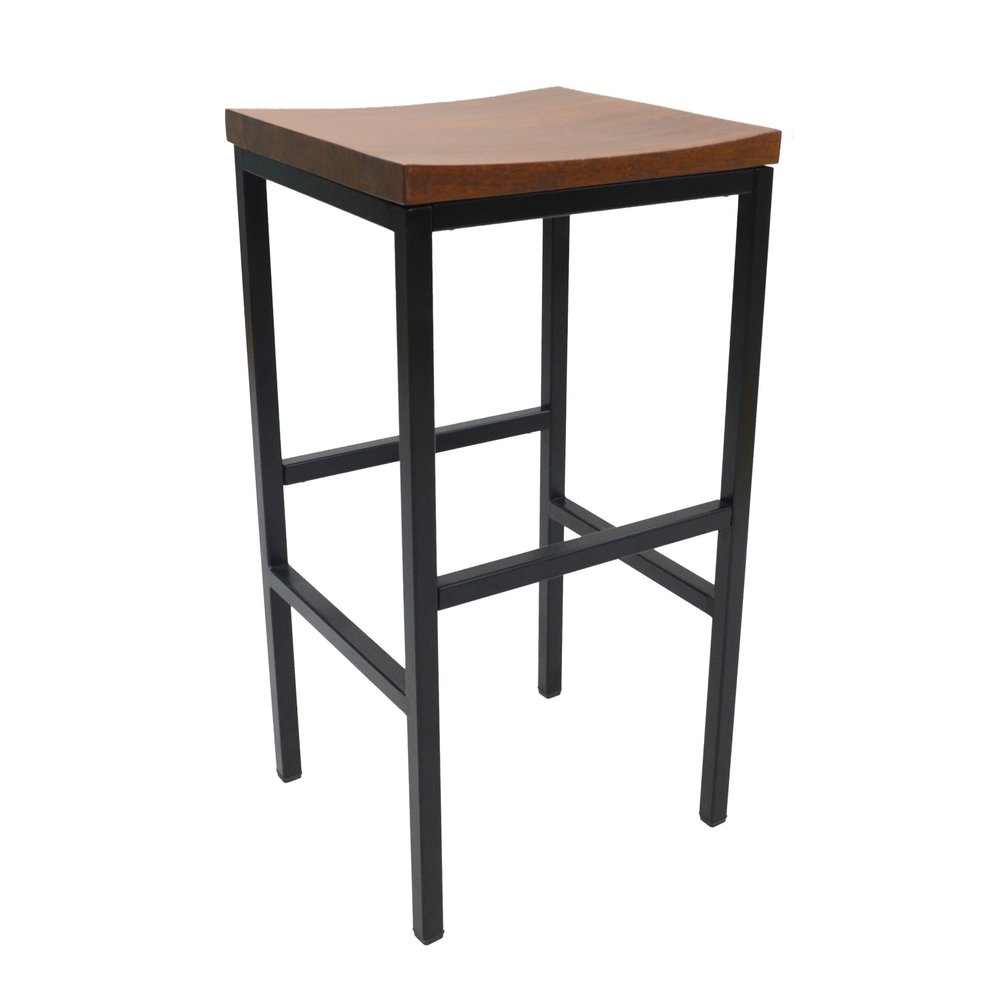 30" Chestnut And Black Solid Wood And Steel Backless Bar Height Swivel Bar Chair