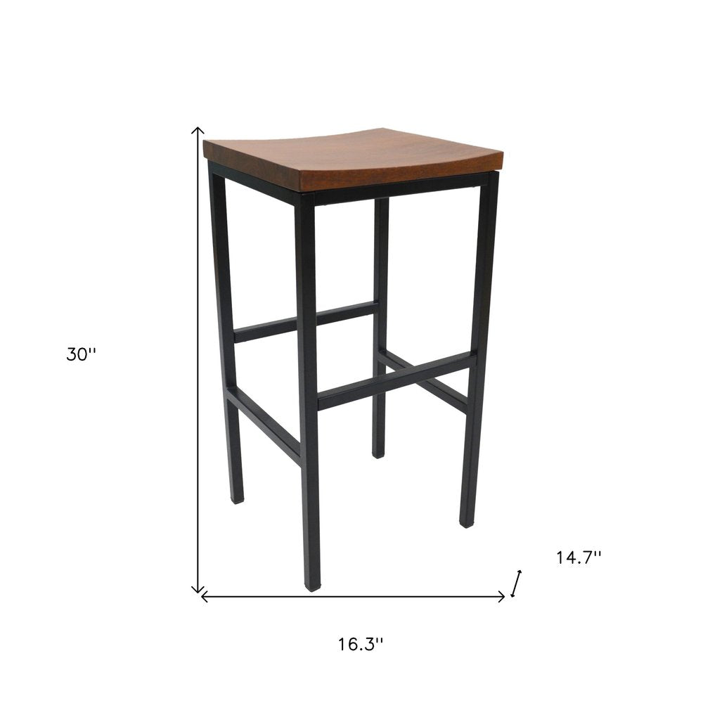 30" Chestnut And Black Solid Wood And Steel Backless Bar Height Swivel Bar Chair