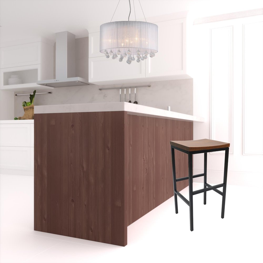 30" Chestnut And Black Solid Wood And Steel Backless Bar Height Swivel Bar Chair