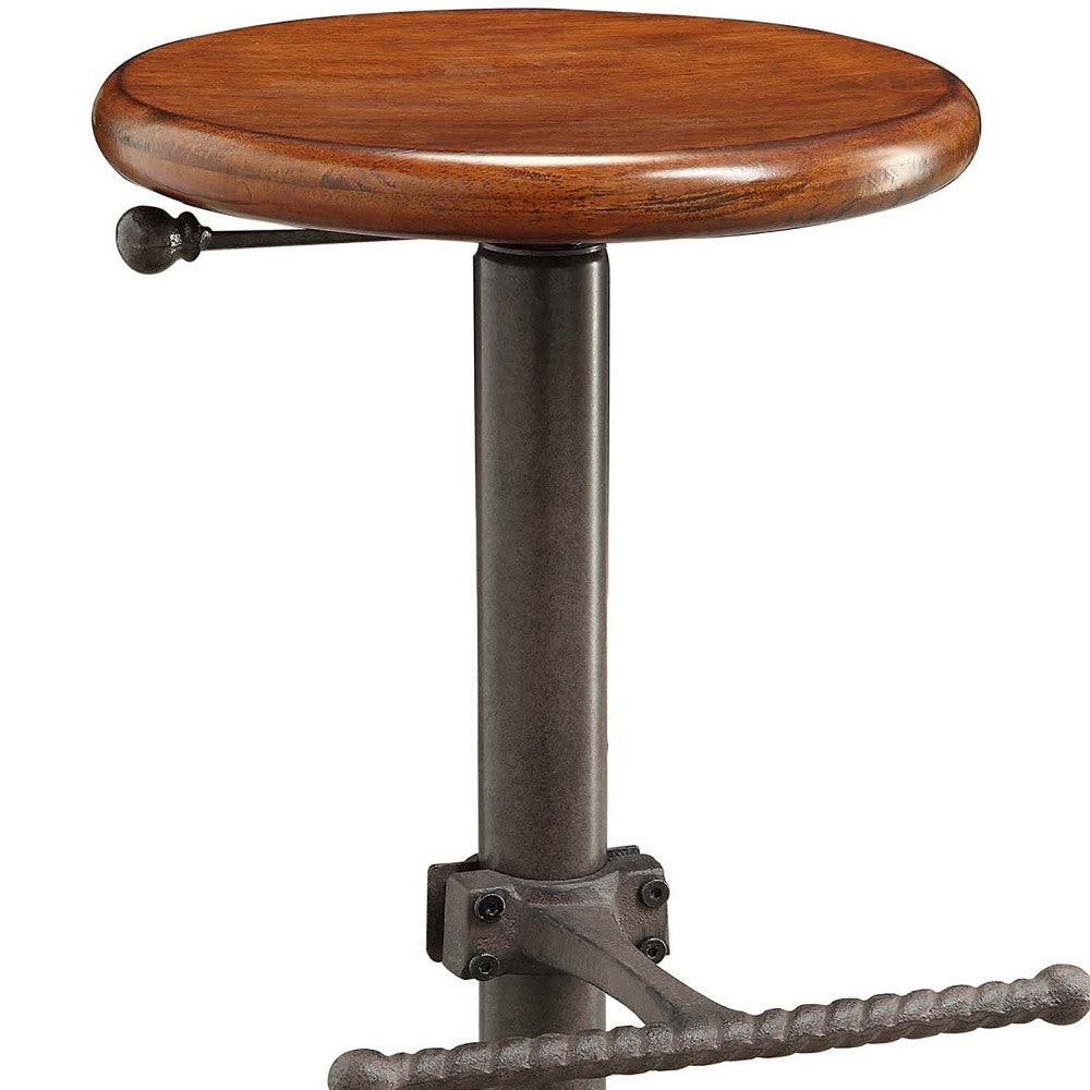 Chestnut And Gray Solid Wood And Steel Backless Adjustable Height Swivel Bar Chair