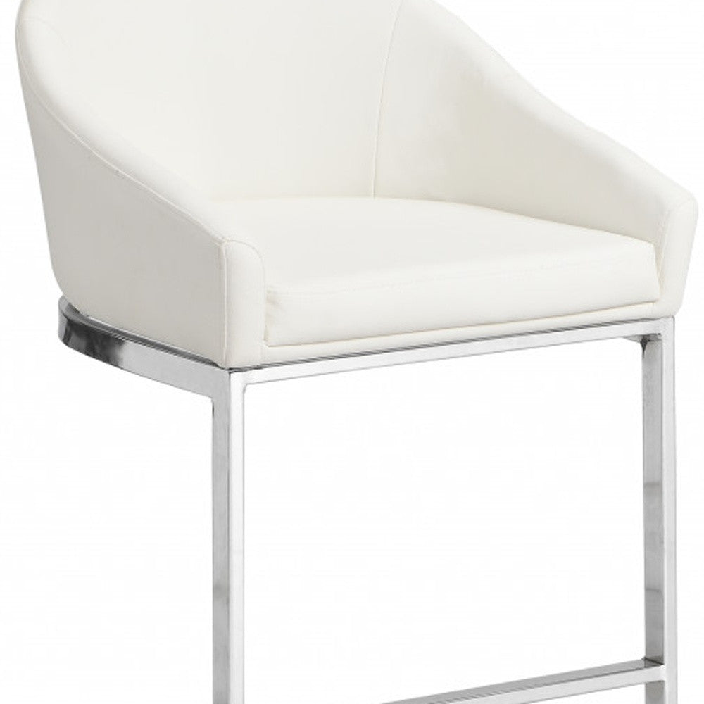 35" White And Silver Faux Leather And Steel Low Back Bar Height Bar Chair