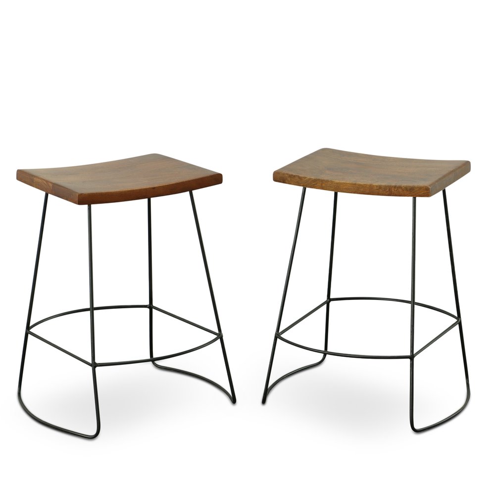 Set of Two 25" Chestnut and Black Solid Wood and Steel Backless Counter Height Bar Chairs
