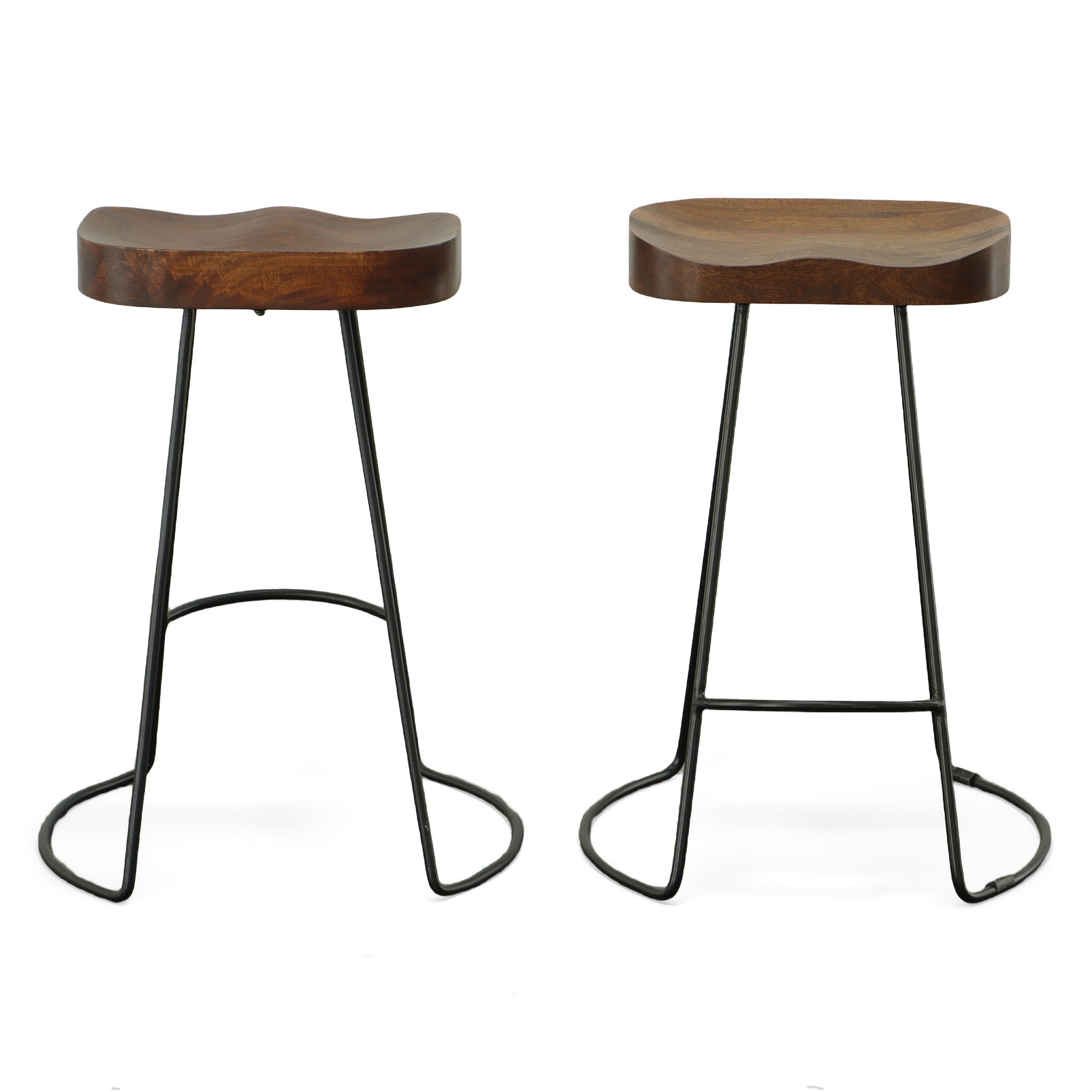 Set of Two 25" Chestnut And Black Steel Backless Counter Height Bar Chairs