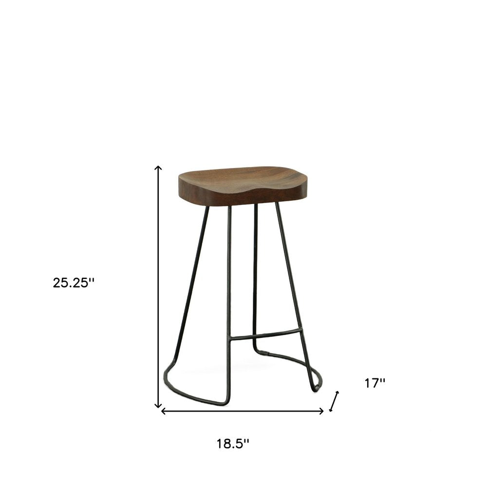 Set of Two 25" Chestnut and Black Solid Wood and Steel Backless Counter Height Bar Chairs