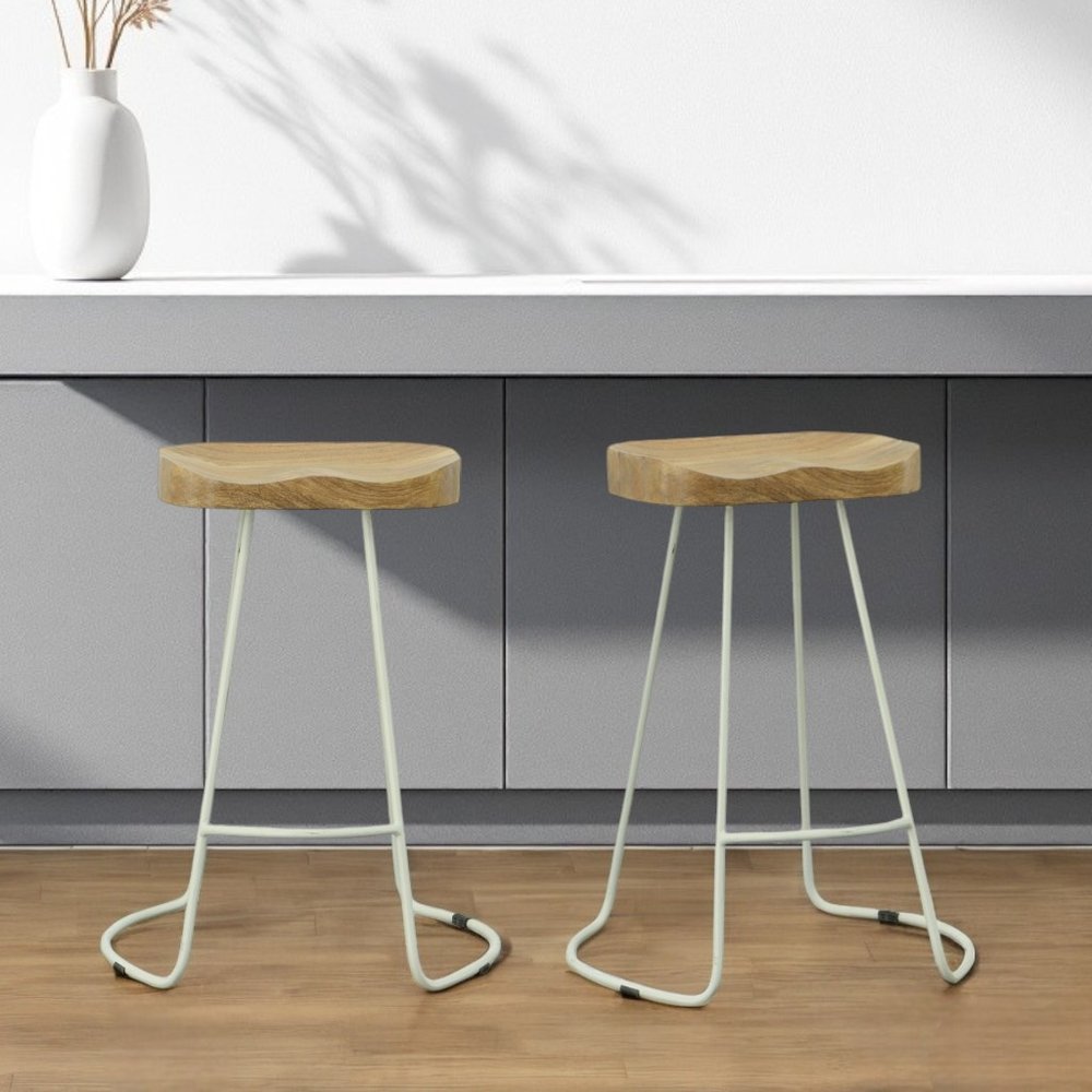 Set of Two 25" Natural and White Solid Wood and Steel Backless Counter Height Bar Chairs