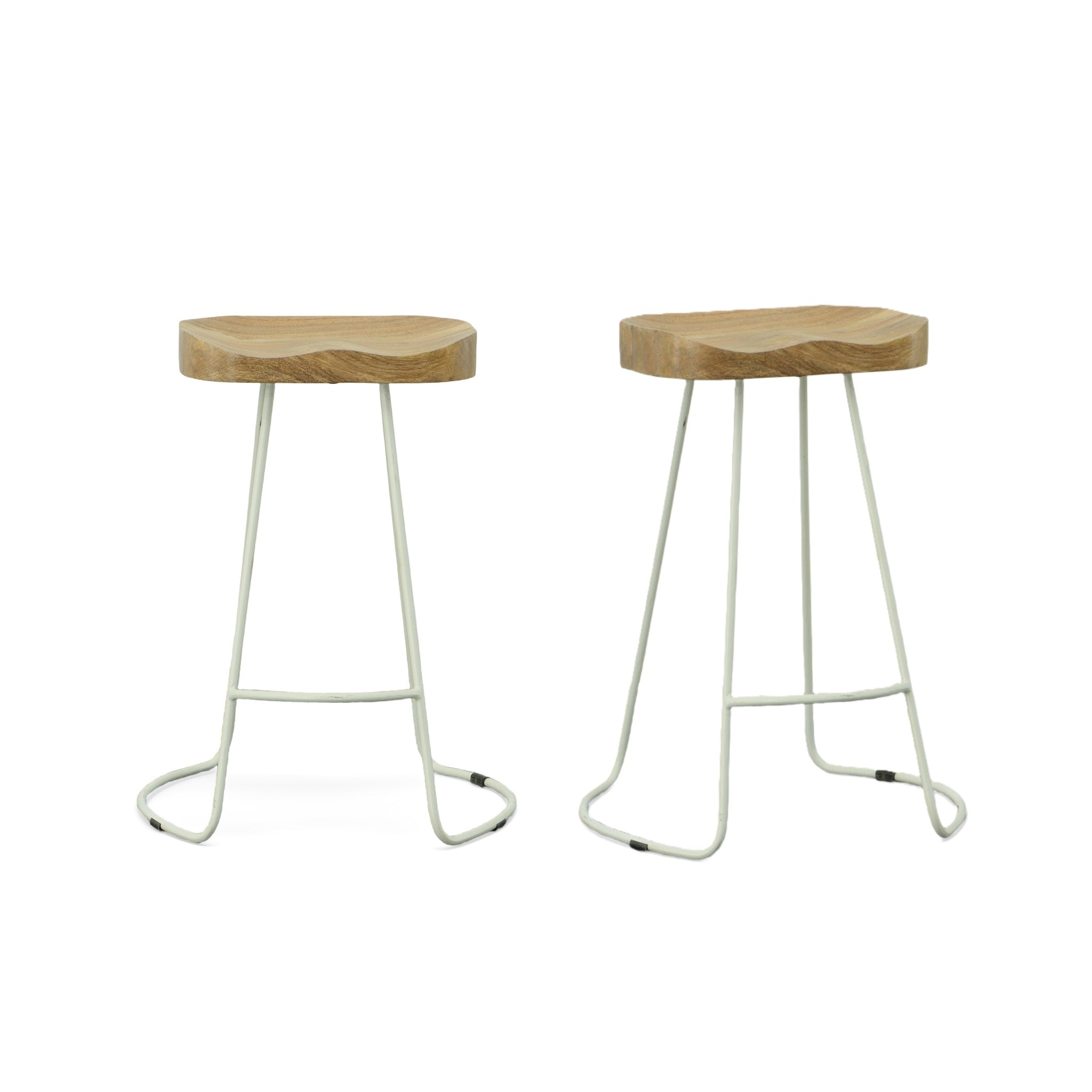 Set of Two 25" Natural And White Solid Wood And Steel Backless Counter Height Bar Chairs